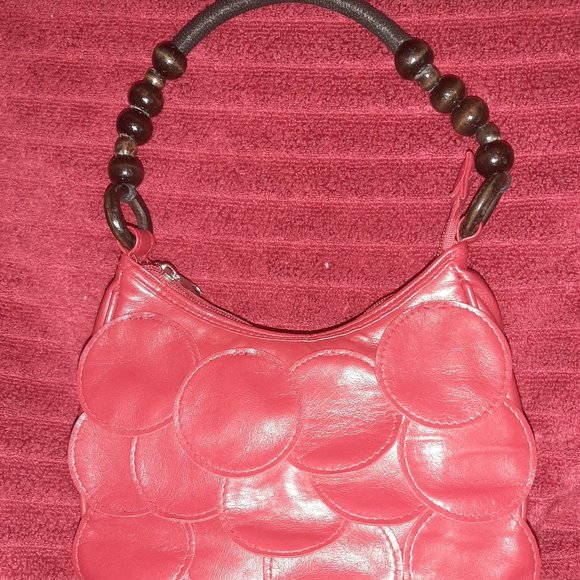 Red Purse, wood beaded handle, small - Picture 3 of 10